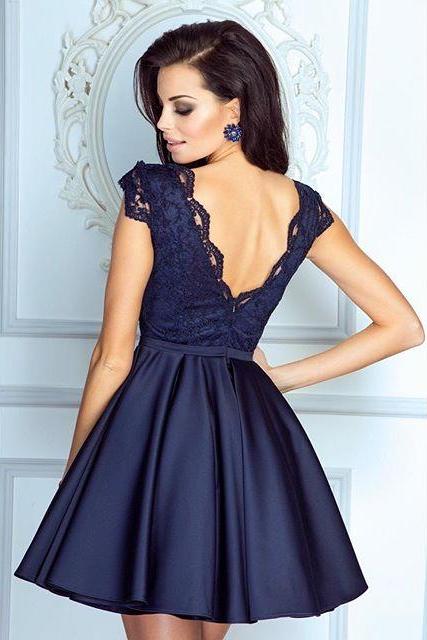 Navy Blue Cocktail Dress,Short Lace Cap Sleeves Homecoming Dresses,Backless Bridesmaid Dresses
