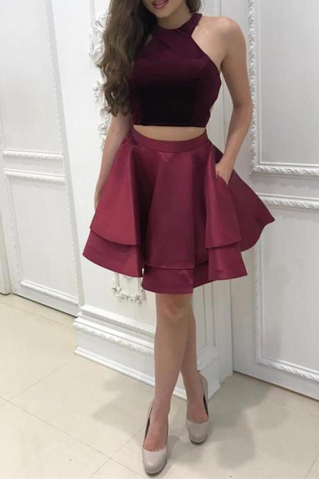 Two Piece Homecoming Dress,burgundy Homecoming Dress,short Prom Dresses 2018