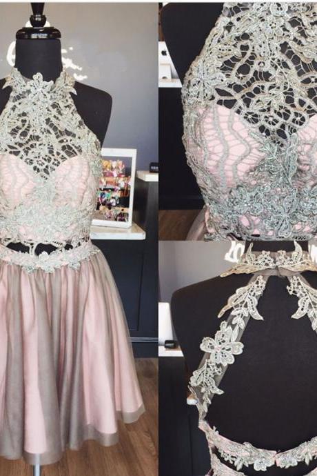 Elegant Homecoming Dresses Lace Crop Top,High Neck Homecoming Dress,Two Piece Homecoming Dress