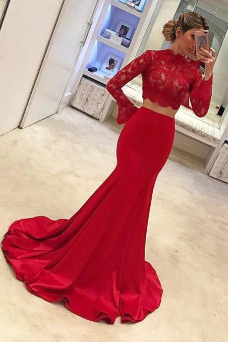 Long Sleeves Prom Dresses,Two Piece Prom Dress,Mermaid Evening Gowns,Prom Dresses 2018