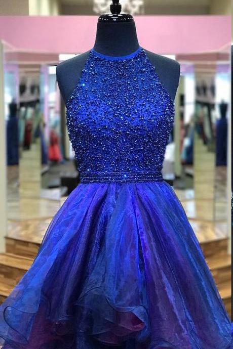 Ombre Homecoming Dress,halter Prom Gowns,beaded Cocktail Dress,short Prom Dresses 2018