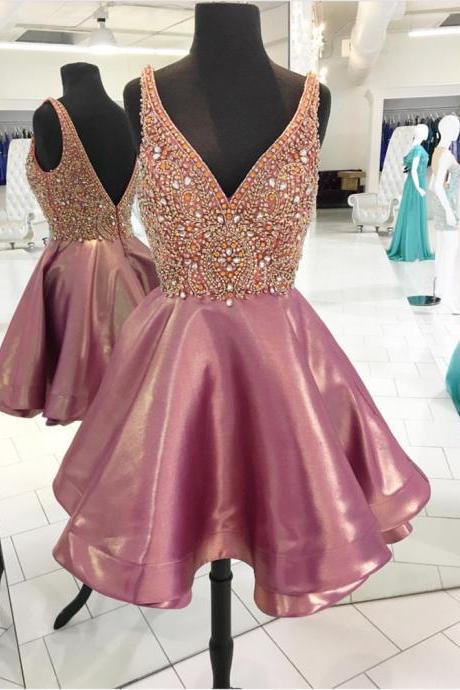 Crystal Beaded V Neck Satin Homecoming Dresses Short Prom Gowns 2018
