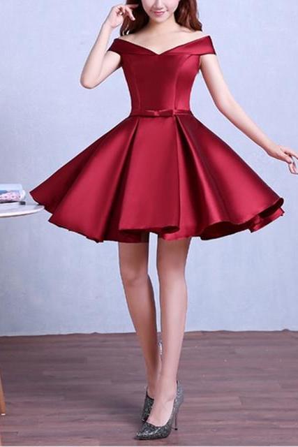 burgundy homecoming dress,off the shoulder bridesmaid dresses,short cocktail dress,satin gowns