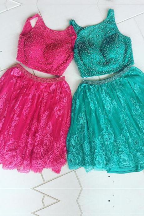 two piece homecoming dress,beaded cocktail dress,short prom lace dress,elegant party dress