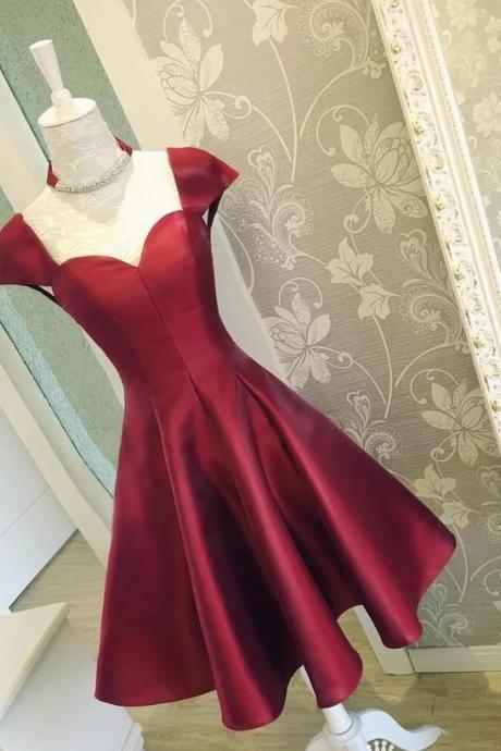 Cap Sleeves Prom Dress,knee-length Prom Dress,burgundy Homecoming,satin Cocktail Dresses