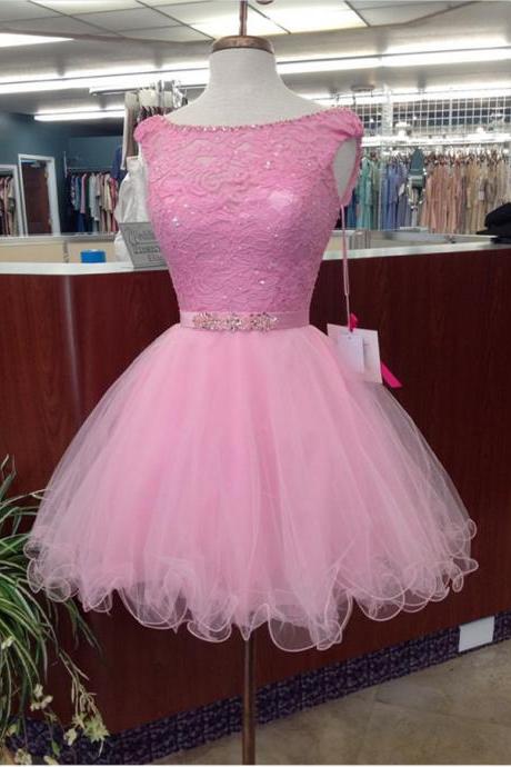 pink homecoming dress,tulle prom short dress,elegant lace appliques cocktail dress