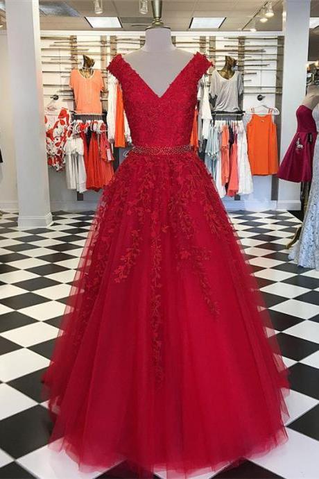 Red Ball Gowns,Ball Gowns Prom Dress,Tulle Formal Dress,Cap Sleeves Evening Dress