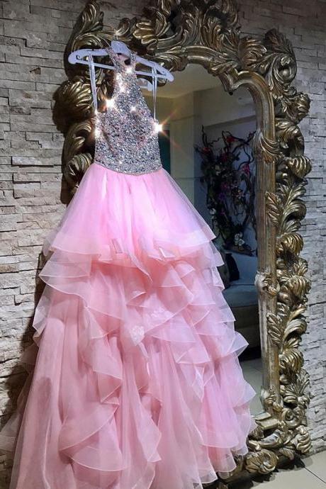 halter prom dress,ruffles prom dress,sequin beaded prom dress,pink ball gowns