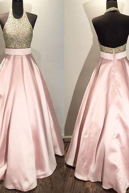 pink prom dresses,halter prom dress open back,beaded ball gowns 2016,women's formal evening gown dresses