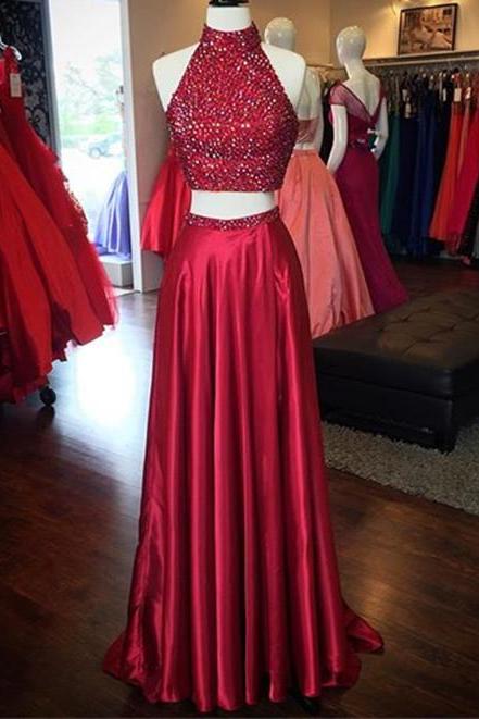 2 Piece Prom Dresses,Wine Red Prom Dress,Two Piece Prom Dress,Satin Evening Dress,Long Party Gowns,Halter Prom Dress