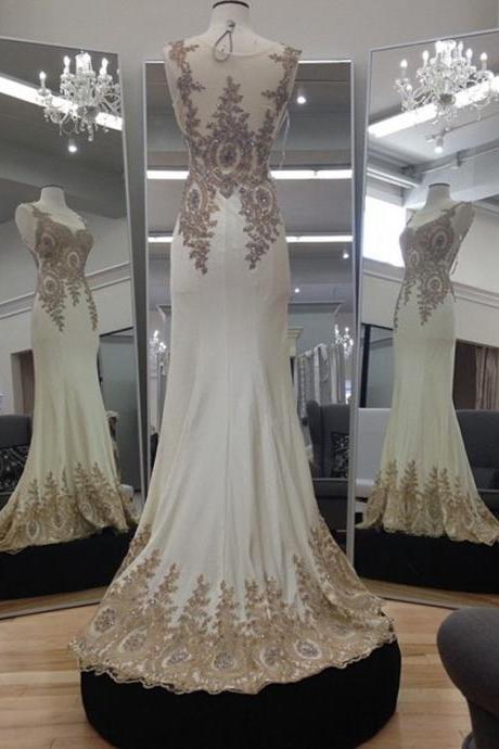 Ivory Chiffon Gold Lace Appliques Mermaid Evening Dresses Long Prom Gowns 2016
