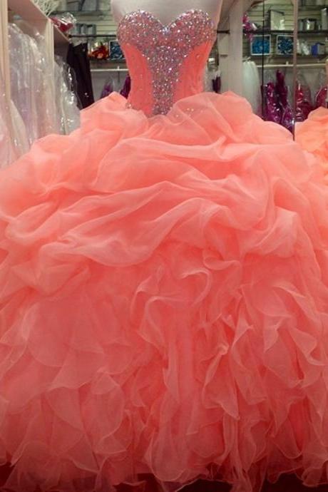 Beaded Sweetheart Coral Organza Ball Gowns Quinceanera Dresses 2016
