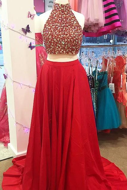 Gorgeous Pearl Beaded Red Chiffon Long Prom Dress 2016,Two Piece Prom Dresses,2 Piece Gowns,Women's Evening Party Dresses