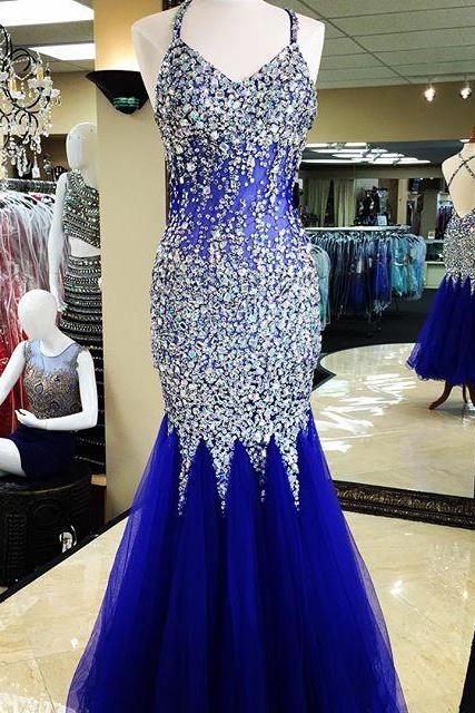 Royal Blue Crystal Beaded Organza Long Prom Dresses Mermaid Evening Gowns 2017