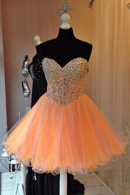 Short Coral Homecoming Dresses Crystal Beaded Sweetheart Cocktail Party Gowns 2016