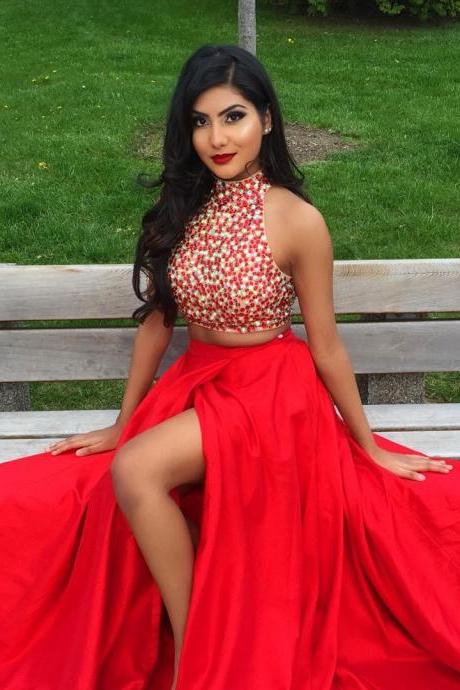 red prom gowns,long two piece prom dresses 2016 women's formal evening gowns