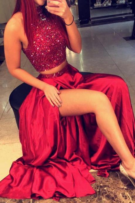 Burgundy Prom Dresses Two Piece Long Satin Evening Party Gowns 2016 Formal Dresses