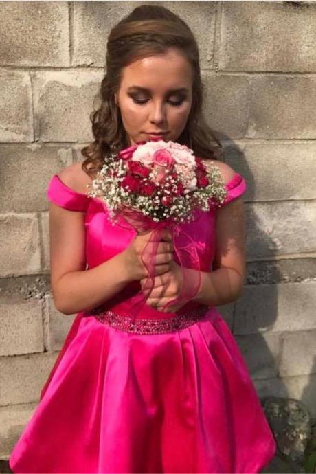 Pink Satin V Neck Off Shoulder Homecoming Dresses,Short Semi Formal Dress,Cute Prom Dresses 2017