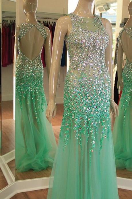 Sexy Halter Top Open Back Mint Green Mermaid Prom Dresses Crystal Beaded 2016 Pageant Evening Gowns