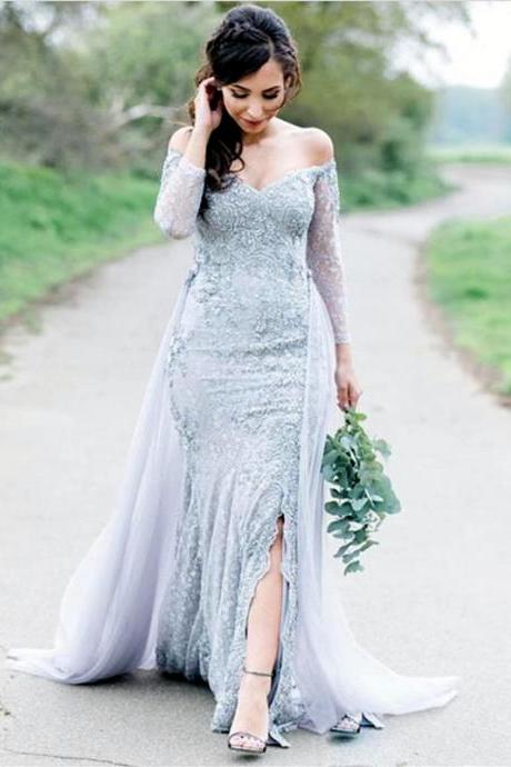 Long Sleeves Prom Dress,Lace Evening Dresses,Mermaid Evening Gowns,Silver Evening Dress,Off Shoulder Dress