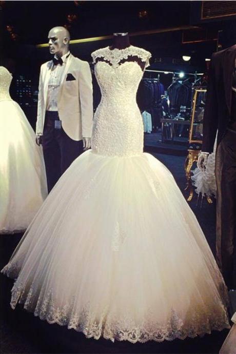 Vintage Wedding Dress,Cap Sleeves Wedding Dress,Lace Mermaid Wedding Dress 2016