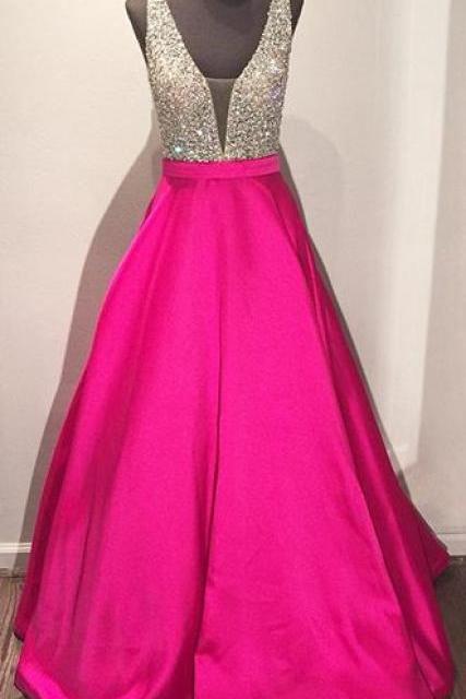 Stunning Beaded V Neck Pink Ball Gowns Prom Dresses 2016 Pageant Evening Dress