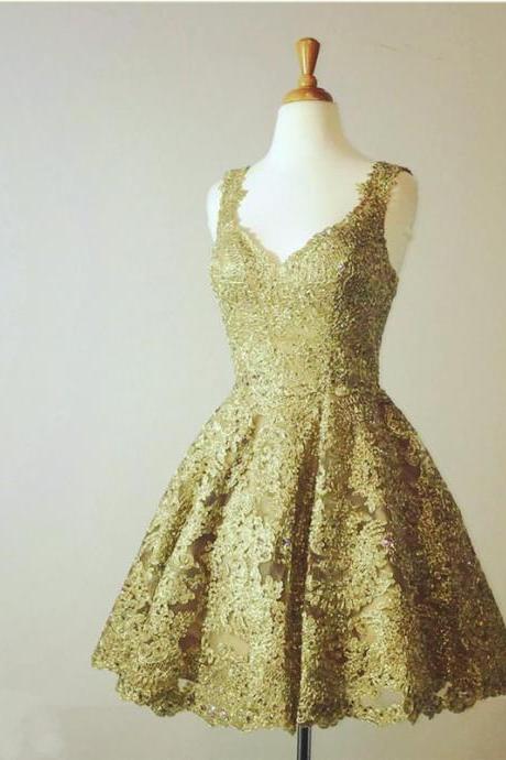 Gold Lace Homecoming Dresses,short A Line Prom Dresses,elegant Cocktail Dress,semi Formal Dresses