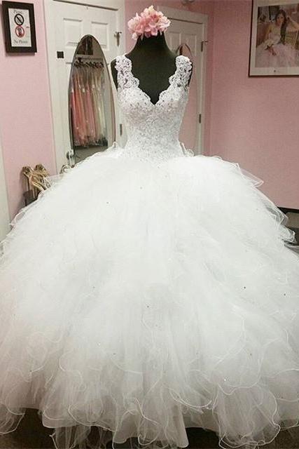 Elegant Lace V Neck Organza Ruffles Ball Gowns Wedding Dresses 2016 Princess Bridal Dress