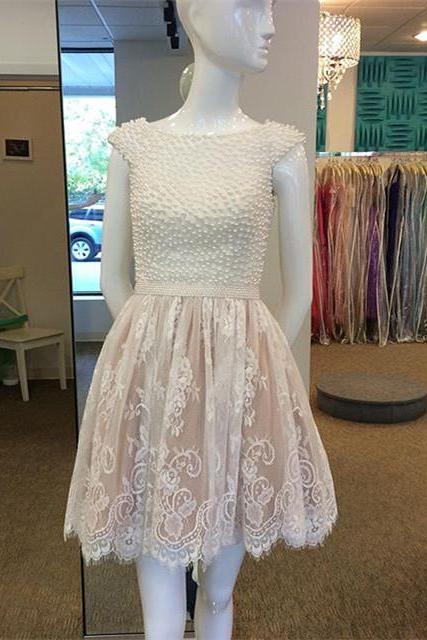 Pearl Beaded Cap Sleeves Lace Homecoming Dresses Short 2016 Prom Gowns