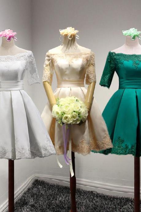Elegant Lace Appliques Short Satin Bridesmaid Dresses With Half Sleeves