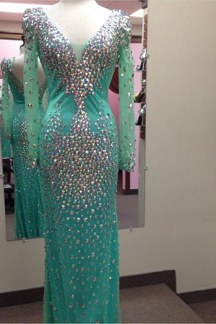 Crystal Beaded Long Sleeves Mermaid Prom Dresses,Pageant Evening Gowns