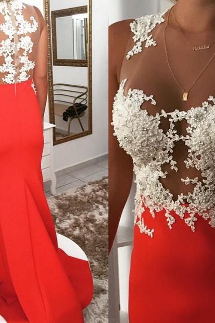 White Lace Appliques Beaded Jersey Mermaid Prom Dresses 2016 Long Party Evening Gowns