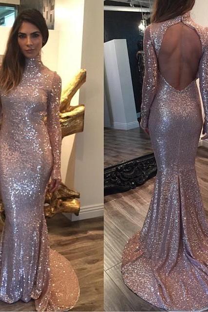 high neck long sleeves rose gold sequins mermaid prom dresses 2016 formal evening gowns