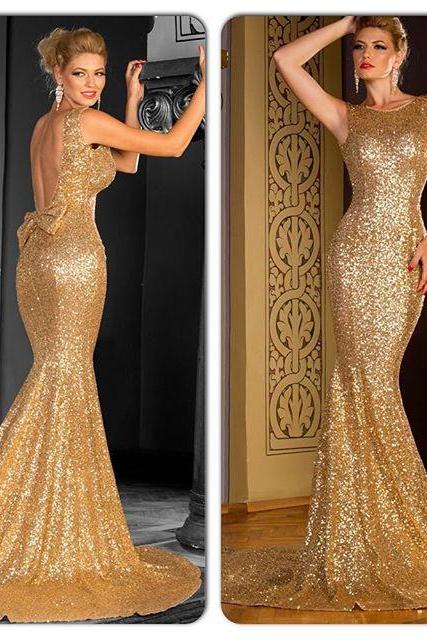 Gold Sequins Long Mermaid Evening Dress Long Prom Gowns 2016