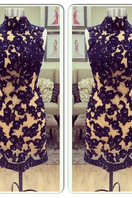 Black Lace Appliques Beaded Nude Tulle High Neck Homecoming Dress Short Party Evening Gowns 2016