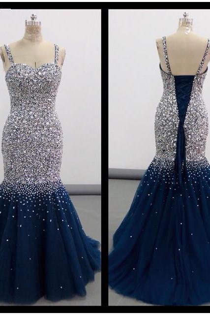 Luxury Crystal Beaded Sweetheart Navy Mermaid Prom Dresses 2016 Formal Evening Pageant Gown Dress