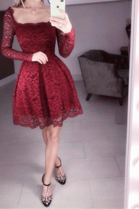 Long Sleeves Homecoming Dresses,Short Prom Dress,Lace Cocktail Dresses,Semi Formal Dresses