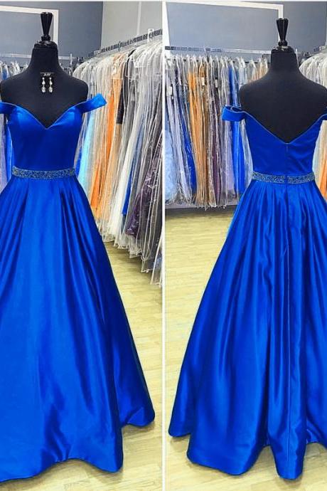 Royal Blue Prom Dresses,Long Satin Evening Gowns,V Neck Prom Dress,Sexy Off Shoulder Formal Dresses