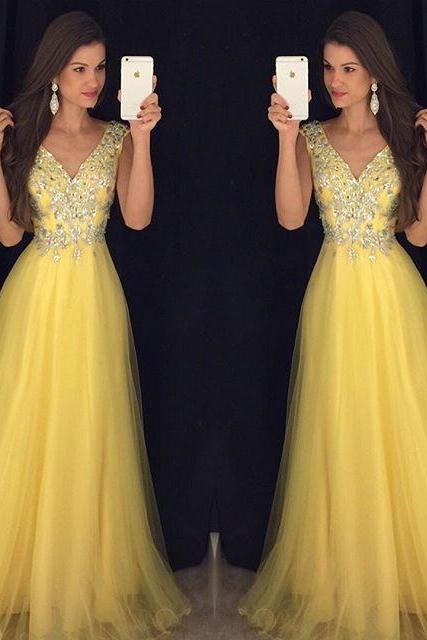 Deep V Neck Long Organza Yellow Prom Dresses 2016 Cap Sleeves Evening Gowns 