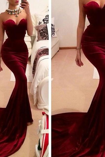 Sexy Sweetheart Long Velvet Burgundy Evening Dresses Mermaid Prom Gowns 2016