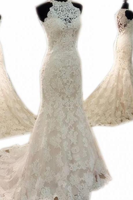 Vintage halter long lace mermaid wedding dresses 2017 romantic bridal gown