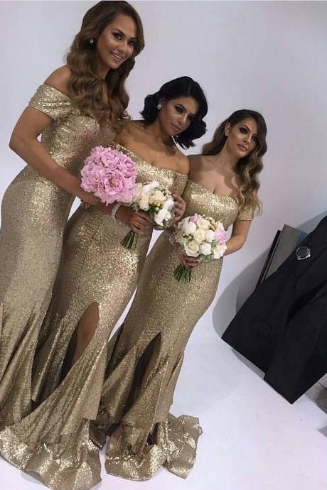 Sweetheart Ruffles Long Gold Sequin Mermaid Prom Dresses 2016 Sparkly Evening Gowns