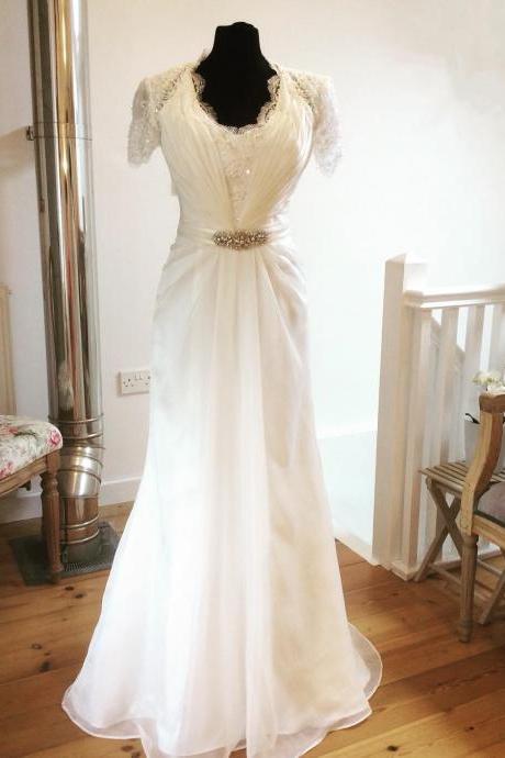 Short Sleeves Lace V Neck Wedding Dresses Chiffon Bridal Gowns