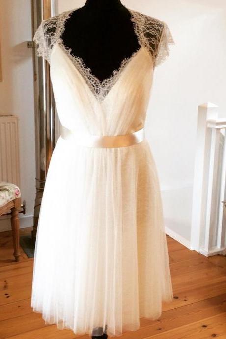 A Line V Neck Tea Length Wedding Dresses 2016 Vintage