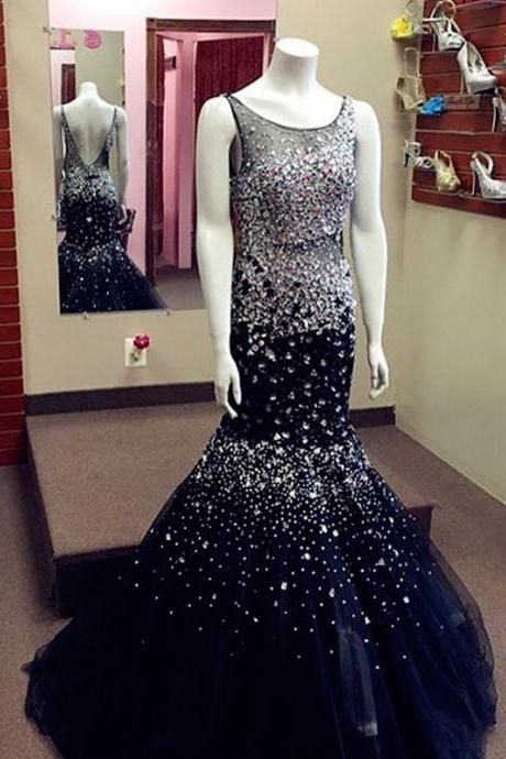 navy blue prom dress,crystal beaded mermaid prom dress,luxury evening gowns,custom made dress