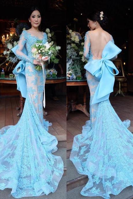 long sleeves evening dress,mermaid prom dress,bow back prom dress