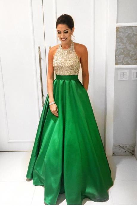 Gold Beaded Halter Top Green Satin Ball Gown Prom Dresses 2017