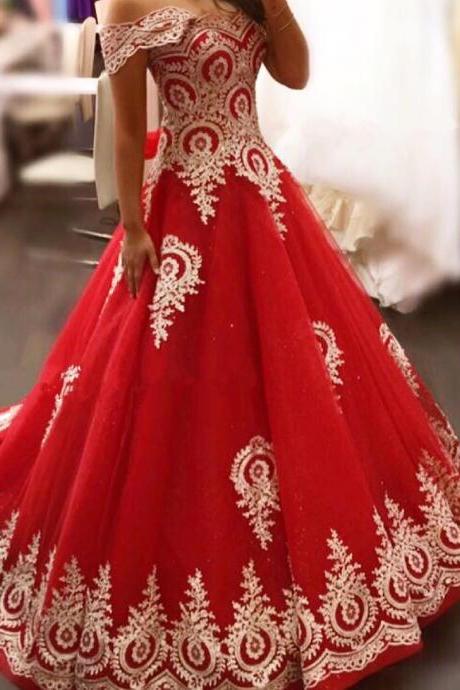 Gold Lace Appliques Prom Dress,red Evening Gowns,elegant Bride Dress,prom Dress 2017,wedding Dress 2017
