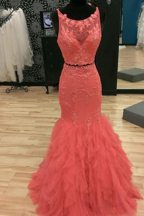 coral lace appliques two piece mermaid prom dress 2017 ruffles evening gowns