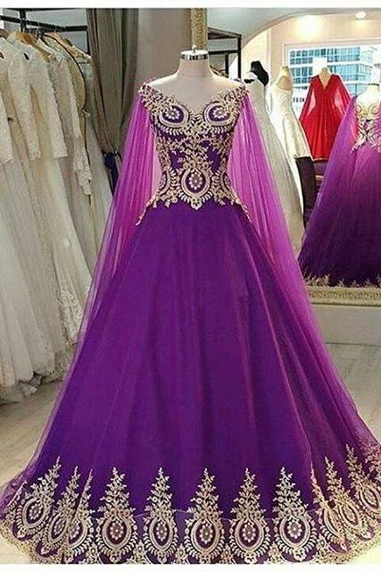 Elegant V Neck Purple Prom Dresses Ball Gowns With Lace Appliques 2016